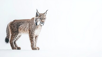 a lynx standing with tufted ears, looking alert, on a white background