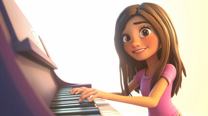 Poster - Happy girl playing piano, 3D render.