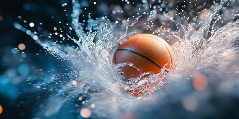 Poster - Basketball splashing into water, creating a dynamic water splash.