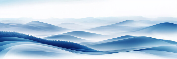 Poster - Misty blue mountain range landscape with soft, rolling hills and a hint of evergreen trees.