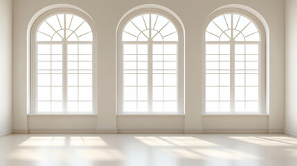 Aufkleber - Three arched windows in a minimalist room, sunlight streaming in.
