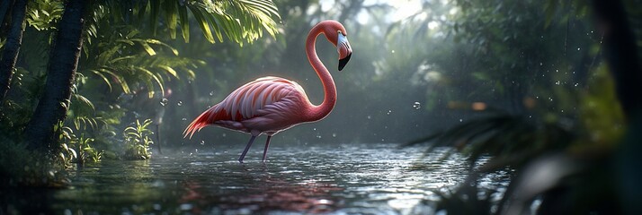 Poster - Pink flamingo wading in tropical lagoon.