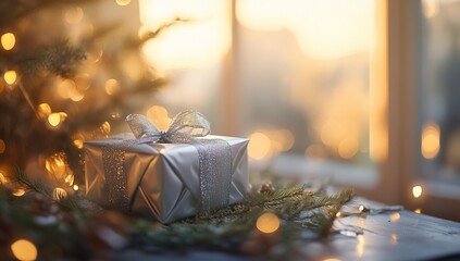 Poster - Silver gift box with ribbon sits on wooden surface near Christmas tree and window with sunset.