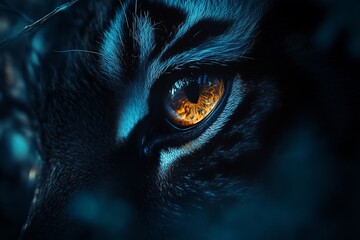 Aufkleber - Close-up of a tiger's eye, glowing amber in low light, showing intricate details of fur and eye structure.