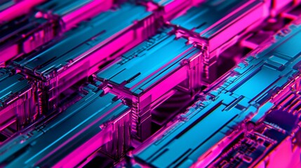 Poster - Abstract 3D rendering of interconnected glowing pink and blue geometric shapes.