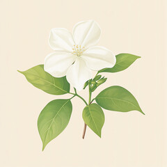 Aufkleber - A single white flower with green leaves on a beige background.