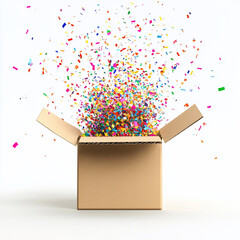 Poster - Open cardboard box overflowing with colorful confetti on white background.