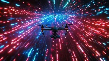 Poster - Drone flying through a vibrant, neon light tunnel.