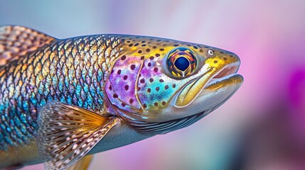 Aufkleber - Close-up of a vibrant rainbow trout, showcasing its iridescent scales and intricate details against a blurred colorful background.