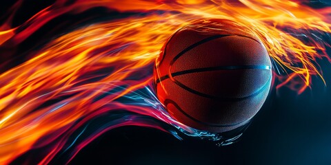 Poster - Fiery basketball in motion, dynamic energy, blazing trails.