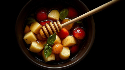 Poster - Honey-glazed fruit salad in a dark bowl, close-up view.