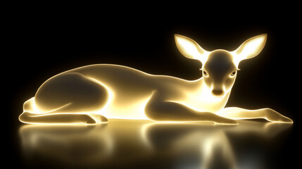 Poster - Glowing deer sculpture, resting, dark background, reflective surface.