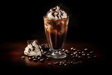 Aufkleber - Iced chocolate drink with whipped cream and chocolate syrup, coffee beans, and chocolate pieces on a dark wooden surface.