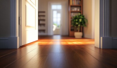 Aufkleber - Sunlight streams through open door into bright, home interior hallway with hardwood floor.