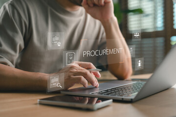 Poster - professional analyzing procurement strategy through virtual interface, focusing on decision-making, 