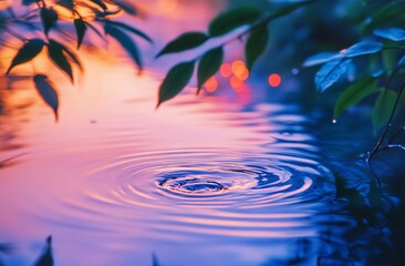 Aufkleber - Serene sunset reflected in calm water with concentric ripples from a drop.