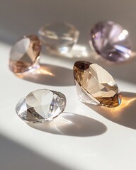 Aufkleber - Sparkling gemstones arranged on a white surface, illuminated by sunlight, showcasing their facets and colors.