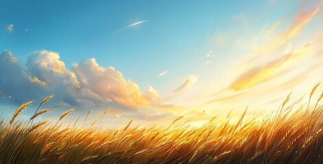 Poster - Golden wheat field at sunset under a vibrant sky.