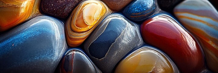 Poster - Close-up of colorful, polished stones with intricate patterns and textures.