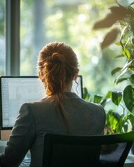Poster - Woman working at computer near window, sunlight, plants.