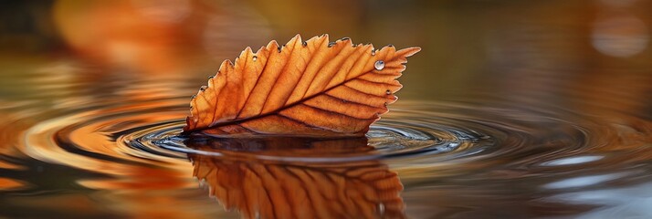 Aufkleber - Single autumn leaf floats on calm water, creating concentric ripples.