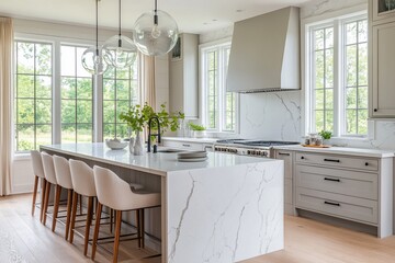 Aufkleber - Modern kitchen with island, white countertops, and hardwood floors. Large windows offer natural light and views of greenery.