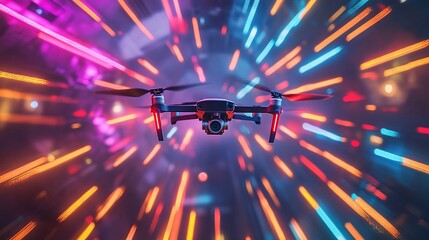 Poster - Futuristic drone flying through vibrant, neon light trails.
