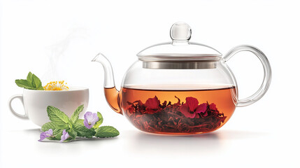 Poster - Glass teapot with brewed tea, flowers, and steaming cup.