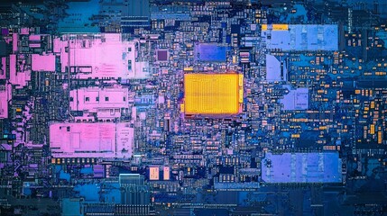 Poster - Close-up of a complex circuit board with vibrant colors, showcasing intricate electronic components and pathways.