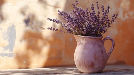 Poster - Sunlit lavender bouquet in rustic pink pitcher on weathered wood.