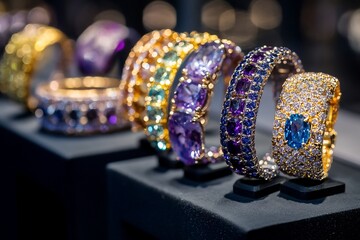 Poster - Colorful gemstone bracelets displayed on black stands.