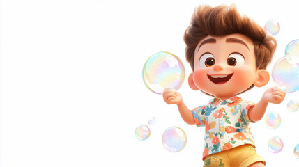 Poster - Happy boy playing with iridescent soap bubbles against a white background.