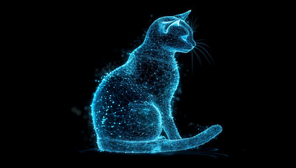 Aufkleber - Glowing blue digital cat, sitting pose, dark background.