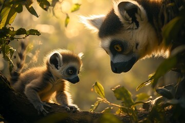 Poster - Ring-tailed lemur mother and baby in golden sunlight.