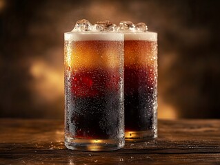 Poster - Two glasses of cola with ice on a wooden table.