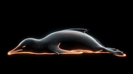 Poster - Wireframe rendering of a penguin lying down on a black background, illuminated with orange neon lines.