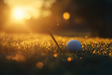 Poster - Golf ball and club on a dewy green at sunset.
