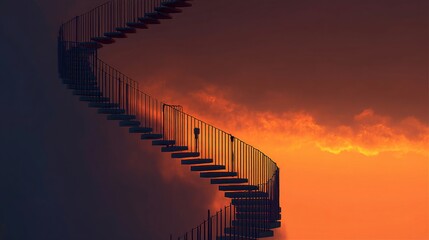 floating dark blue staircase ascending into glowing orange sky