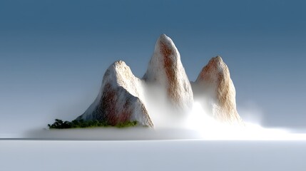 Poster - majestic mountain peaks enveloped in mist, smooth gradient sunrise, ethereal lighting, breathtaking landscape, soft atmospheric depth, cinematic nature photography, tranquil yet powerful