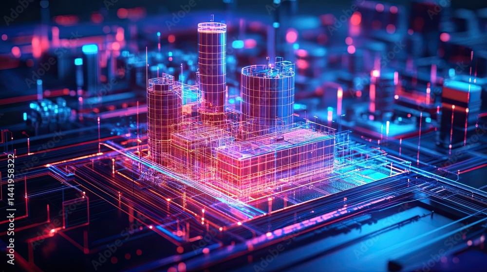 ภาพประกอบ Stock A futuristic 3D representation of a digital twin model ...