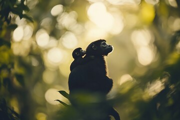 Poster - Silhouetted monkey carrying its baby, perched on a branch in a sun-dappled forest.