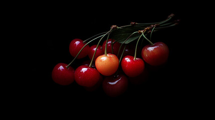Aufkleber - A bunch of ripe red and yellow cherries with green stems and leaves against a black background.