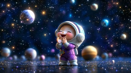 Poster - Joyful baby astronaut in space, surrounded by planets and stars.