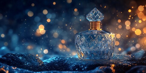 Poster - Elegant perfume bottle on dark rocks with bokeh background.