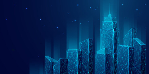 Fototapete - Futuristic city landscape background blue. Low poly wireframe night buildings with glowing effect. Abstract tech smart cityscape background. Innovation skyscrapers and offices. Vector illustration.
