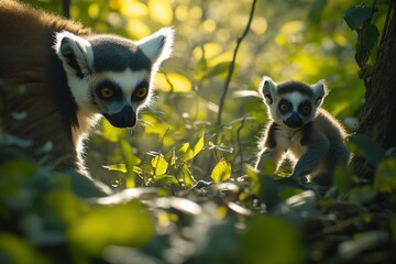 Aufkleber - Ring-tailed lemur mother and baby in lush green forest.