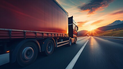 Aufkleber - Red semi-truck driving on highway at sunset, mountains in background.