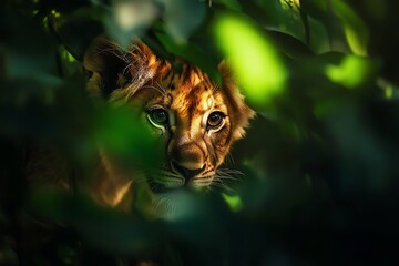 Aufkleber - A lion cub hides in lush green foliage, its eyes peering through the leaves.