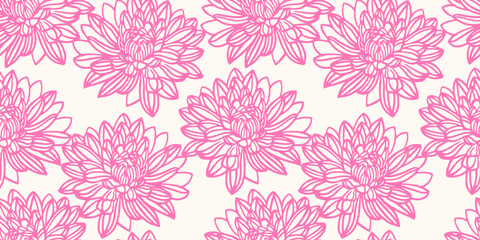  Minimalist seamless floral pattern with large, detailed pink line-drawn flowers on  white background. Perfect for modern textiles, packaging, wallpaper, and home decor, sophisticated monochrome look.