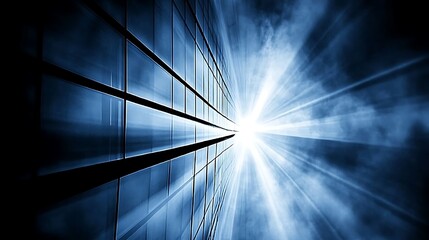 Poster - Abstract background with a perspective view of a grid of dark blue squares receding into a bright white light source. The lighting creates a dramatic effect with smoky or hazy blue tones around the